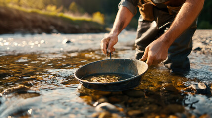Person panning for gold in a stream wearing waders, holding a traditional gold pan with water and potential gold nuggets.