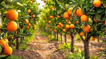 Rows of citrus trees in an orchard with ripe fruits ready for harvest