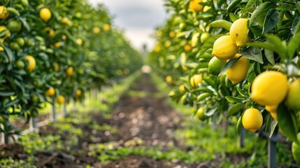 Rows of citrus trees with ripe lemons and limes in an orchard