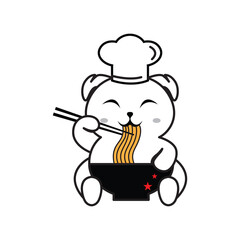 Dog animal logo holding a cute cartoon mascot vector noodle bowl symbol icon design illustration