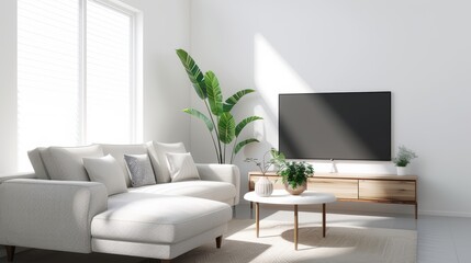 A cozy family room with a large sofa, a coffee table, and a TV, with copy space, high-resolution photo, realistic photo, hyper realistic