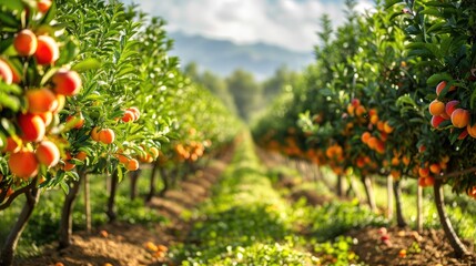 Rows of citrus trees with ripe lemons and limes in an orchard