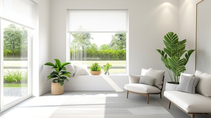 A bright and airy sunroom with comfortable seating, plants, and a view of the garden, with copy space, high-resolution photo, realistic photo, hyper realistic