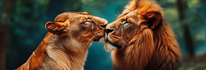 lion and a lioness in love admire each other in a paradise safari, Generative AI