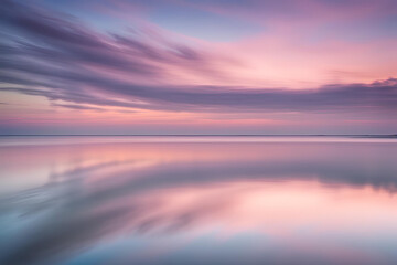 Tranquil seascape with pastel twilight colors and serene water reflections.