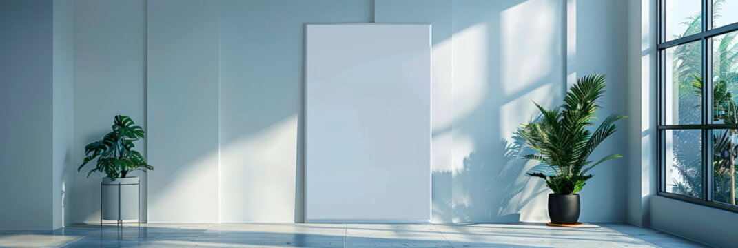 presentation mockup of empty white vertical advertising banner with flowerpots in office. Generative AI