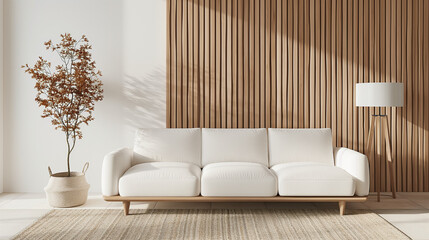 3D rendering of a wooden slat wall background with a white sofa and lamp in a minimal interior design concept
