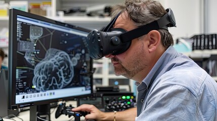 Scientist using a virtual reality headset for simulations