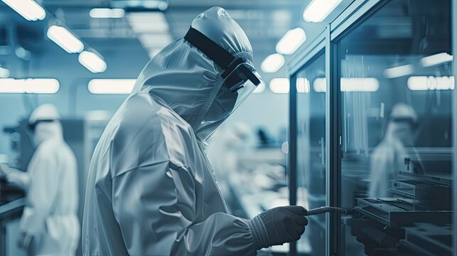 Scientist in a cleanroom suit examining semiconductor wafers