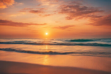 Fototapeta premium Sunrise sea sand beach. Inspire tropical beach seascape horizon. Orange and golden sunset sky calmness tranquil relaxing sunlight summer mood. Vacation travel holiday banner.
