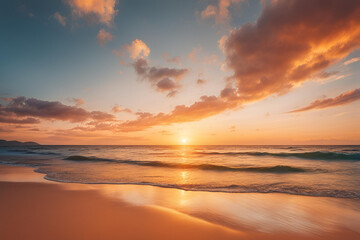 Obraz premium Sunrise sea sand beach. Inspire tropical beach seascape horizon. Orange and golden sunset sky calmness tranquil relaxing sunlight summer mood. Vacation travel holiday banner.