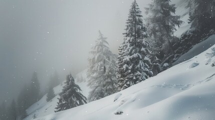 Naklejka premium Snow-covered trees on a mountain slope in winter