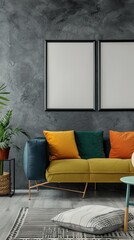 Vibrant colorful multicolored sofa and armchairs against grey wall with two frames. Scandinavian interior design of modern living room