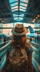 Obraz premium Woman wearing a hat and backpack walking through a brightly lit airport terminal, reflecting the excitement of travel. 