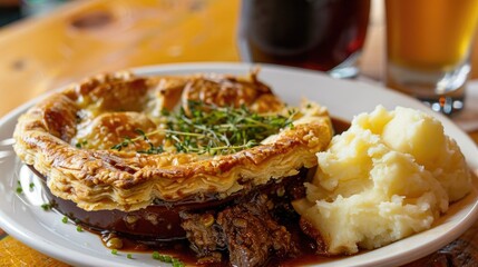 Steak and ale pie with a golden crust, served with a side of mashed potatoes