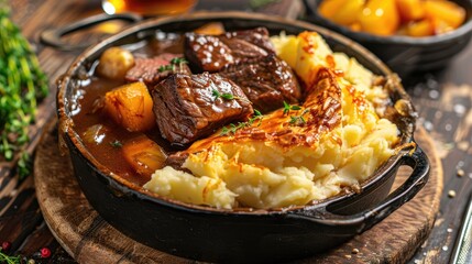 Steak and ale pie with a golden crust, served with a side of mashed potatoes