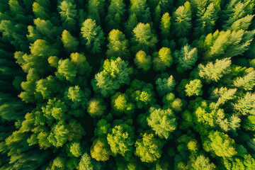 Naklejka premium Summer in forest aerial top view. Mixed forest, green deciduous trees. Soft light in countryside woodland or park. Drone shoot above colorful green texture in nature