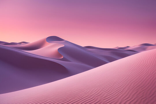 Pale pink dunes and purple sky. Desert dunes landscape with contrast skies. Minimal abstract background. 3d rendering
