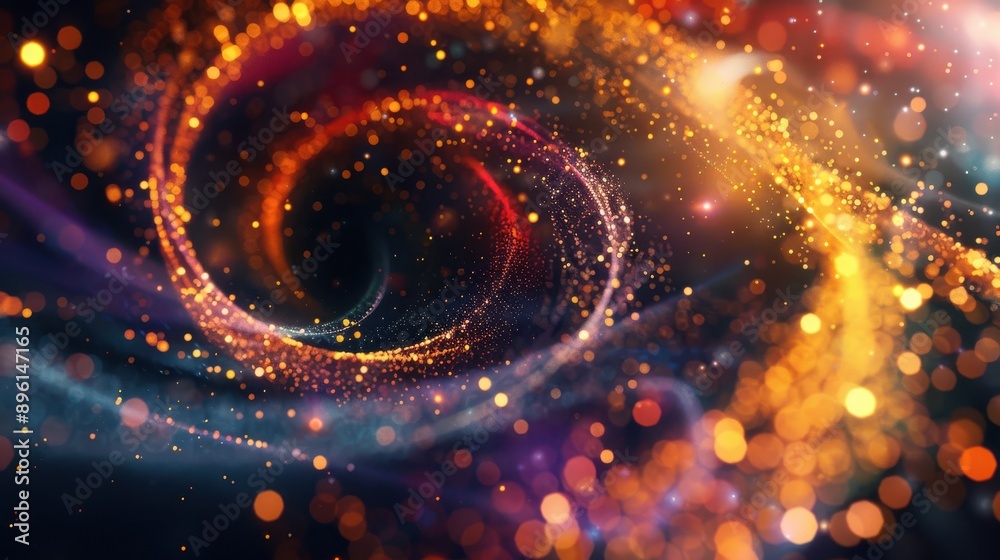 Poster vortex of colorful particles swirling in a dark space, 3d background, particle abstract