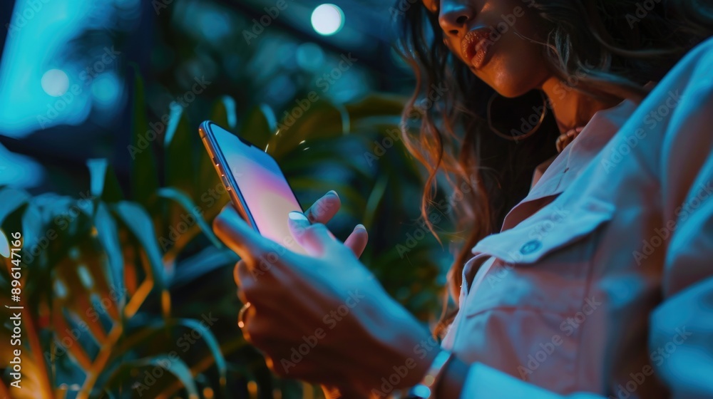 Poster a person holding a mobile device with a focus on the screen