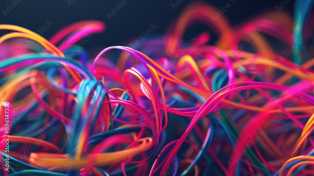 Poster tangle of neon threads against a dark backdrop, 3d background, thread abstract