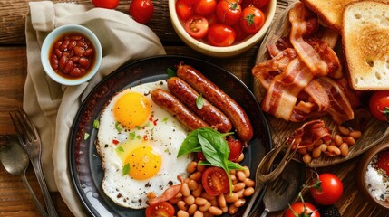 Fototapeta premium Traditional English breakfast with eggs, bacon, sausages, beans, toast, and tomatoes