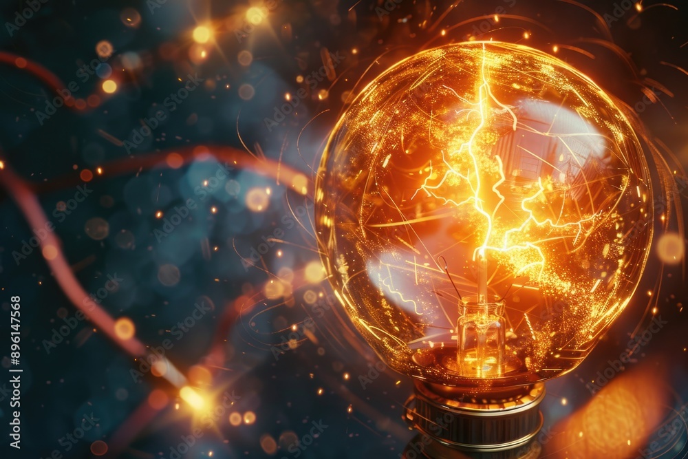 Poster a glowing light bulb with sparks emanating from the filament