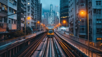 Fototapeta premium Train passing through a dense urban area with skyscrapers