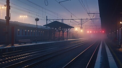 Naklejka premium Train station at dawn with soft morning light