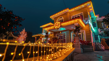 Festively Decorated House with Colorful Christmas Lights at Night