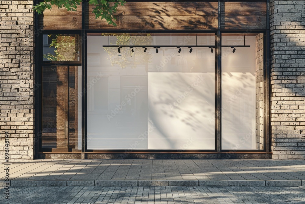 Poster A storefront window with a blank sign, suitable for use as a placeholder or background element