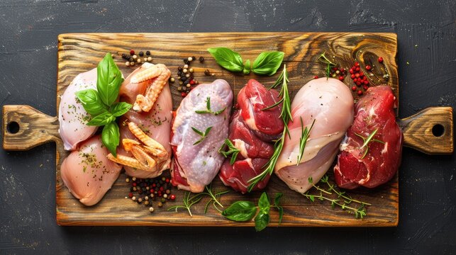 Variety of raw poultry cuts arranged on a wooden board with herbs