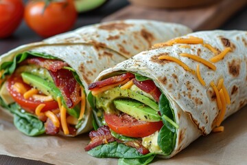 Tortilla filled with with avocado, cheese, tomatoes, greens and herbs