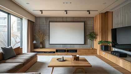 Real photography, an indoor living room, the front wall is hung with a projection screen, the foreground table is placed on a projector, wooden furniture, to create a minimalist style