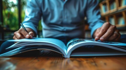 A person sits at a table with a book and pen, ready to learn or create