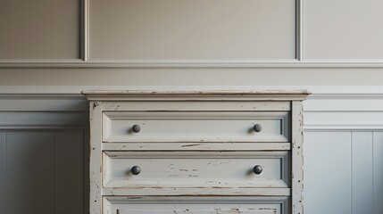A white wooden dresser with three drawers and grey knobs sits against a white wainscot wall