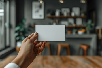 Businesswoman holding empty business card in modern office