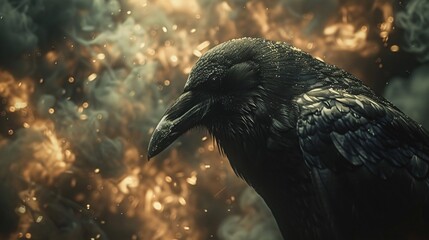 Obraz premium A single black raven stands against a backdrop of flickering fire and swirling smoke