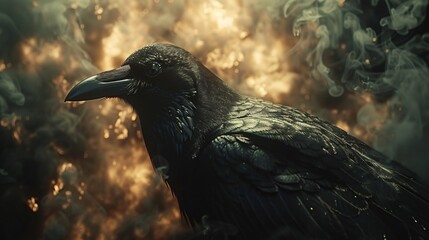 Fototapeta premium A black raven perches against a background of swirling smoke and glowing embers
