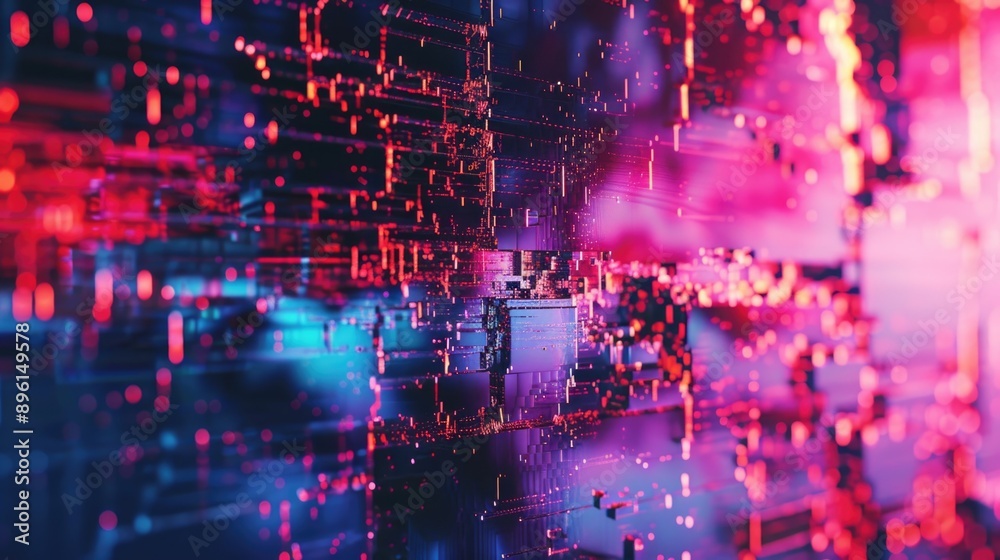 Poster close-up shot of a computer screen with red and purple lights