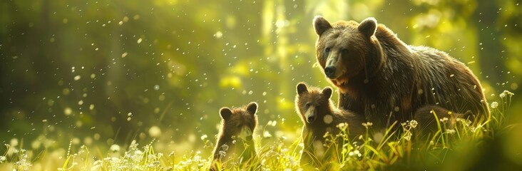 Fototapeta premium Brown Bear Family in the Sun-Dappled Forest