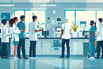 Medical professionals collaborating in a modern hospital lab, showcasing teamwork and advanced technology in healthcare.