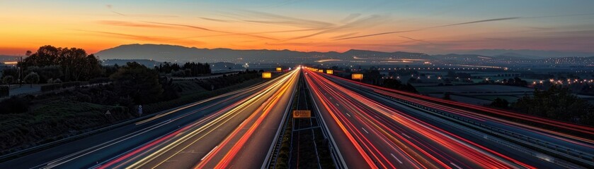 Obraz premium Vibrant sunset over a highway, capturing light trails of vehicles. A stunning blend of nature and urban life.