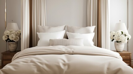 A chic bedroom with a canopy bed, elegant bedding, and stylish decor, with copy space, high-resolution photo, realistic photo, hyper realistic