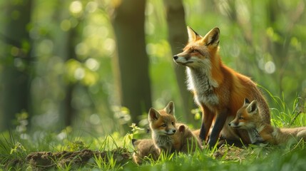 Fox Family in a Lush Green Forest