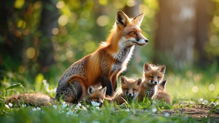 Fox Family in a Verdant Meadow
