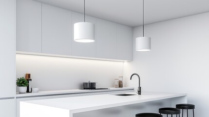 A modern kitchen with a breakfast bar, stools, and pendant lighting, with copy space, high-resolution photo, realistic photo, hyper realistic