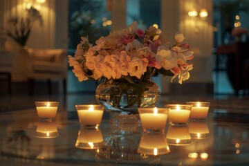 Gorgeous floral arrangements and flickering candles in a spa reception area Hyper realistic. Shot with canon 5d Mark III --ar 3:2 --style raw Job ID: 6402ff29-3878-4a0a-b42c-714ac9fbf064