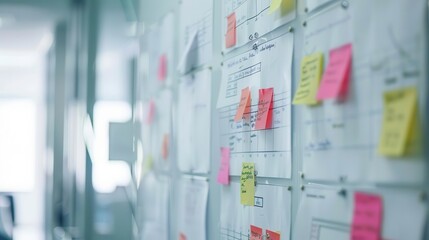 A white board with papers and sticky notes, representing a workspace for brainstorming and planning.