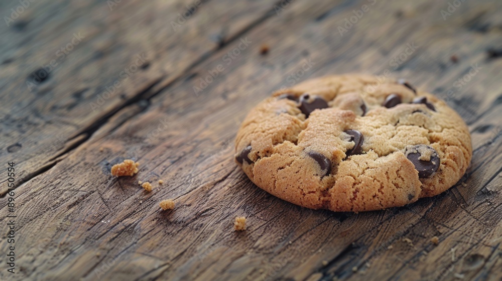 Sticker A single serving of warm and fresh baked chocolate chip cookie sitting on a rustic wooden table